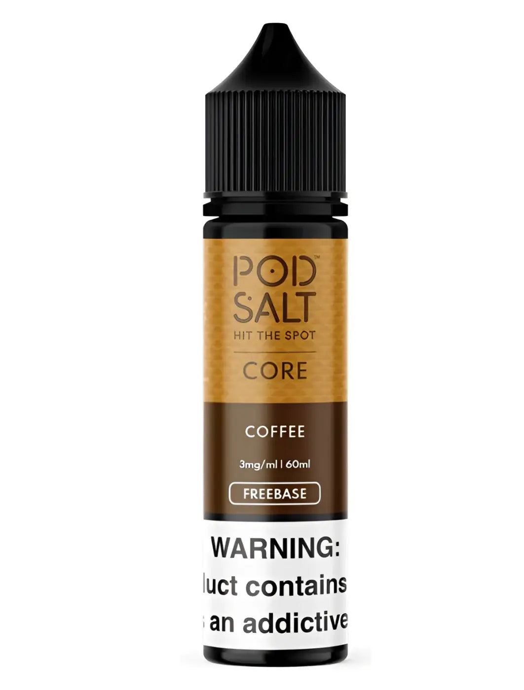 A sleek black glass bottle of core pod salt freebase coffee 60ml vape juice with a ribbed cap and brown label