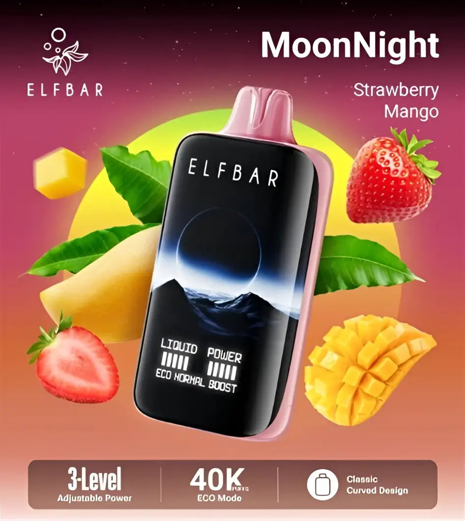 Elfbar moonnight pink and black vape pen with fully curved screen and 40,000 puff count in strawberry mango flavor