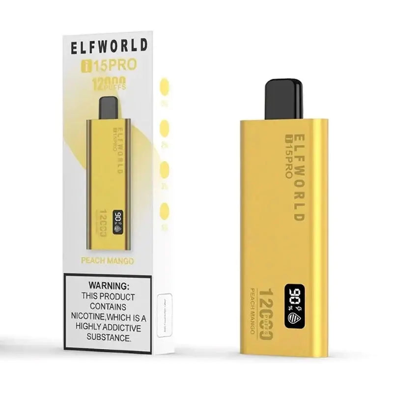 Gold elfworld i15 pro vape pen with black mouthpiece and digital display showing 90 percent nicotine strength