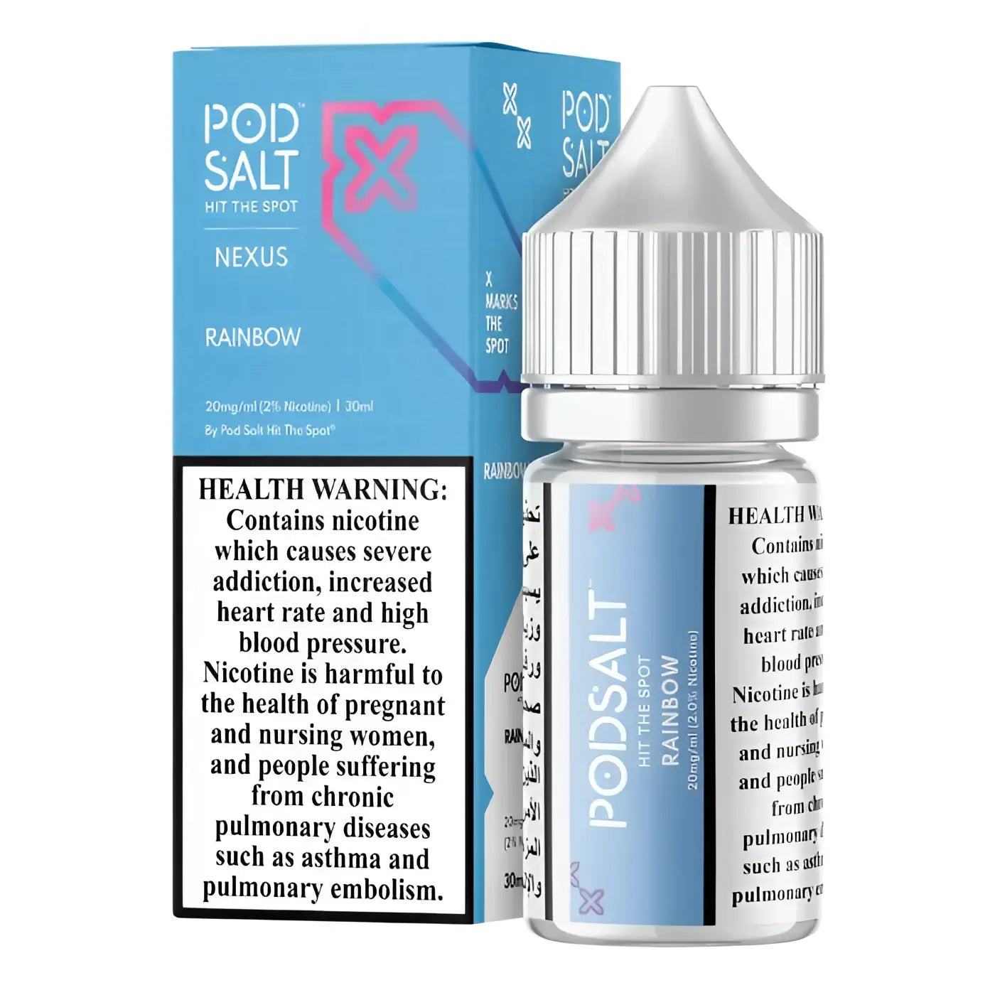 A sleek transparent glass bottle of rainbow pod salt vape juice in 30ml with 20mg and 25mg options for vape india