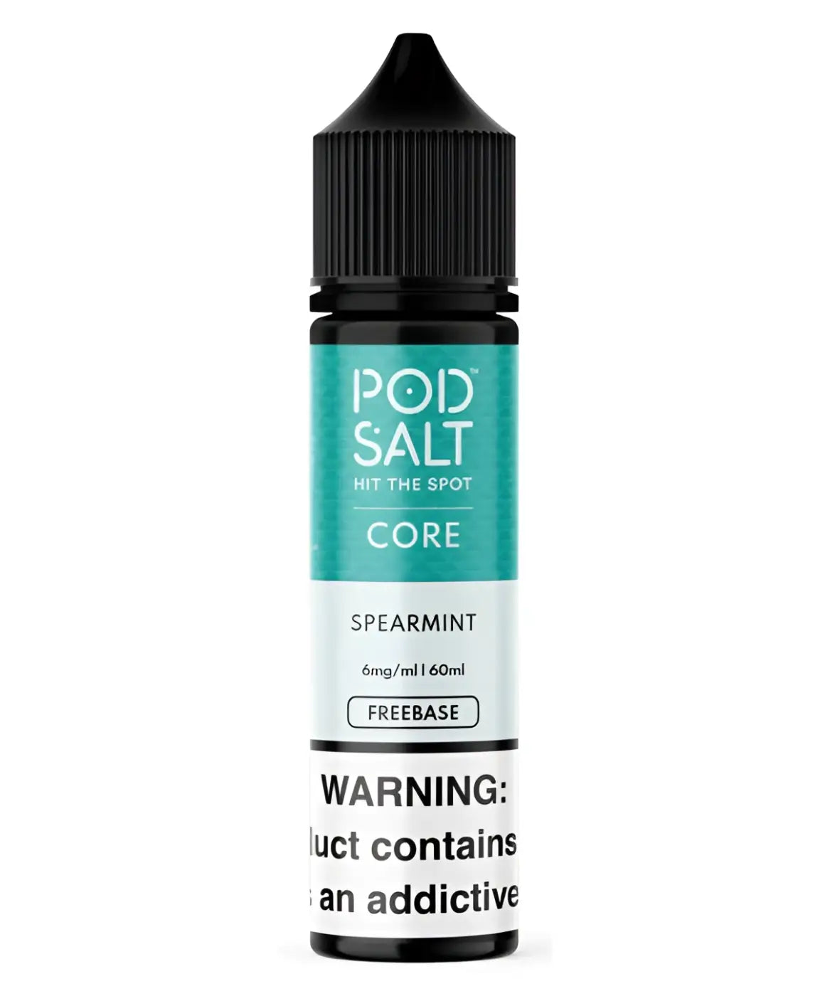 A sleek black bottle of core pod salt spearmint 60ml vape juice with salt freebase spearmint flavor and teal label