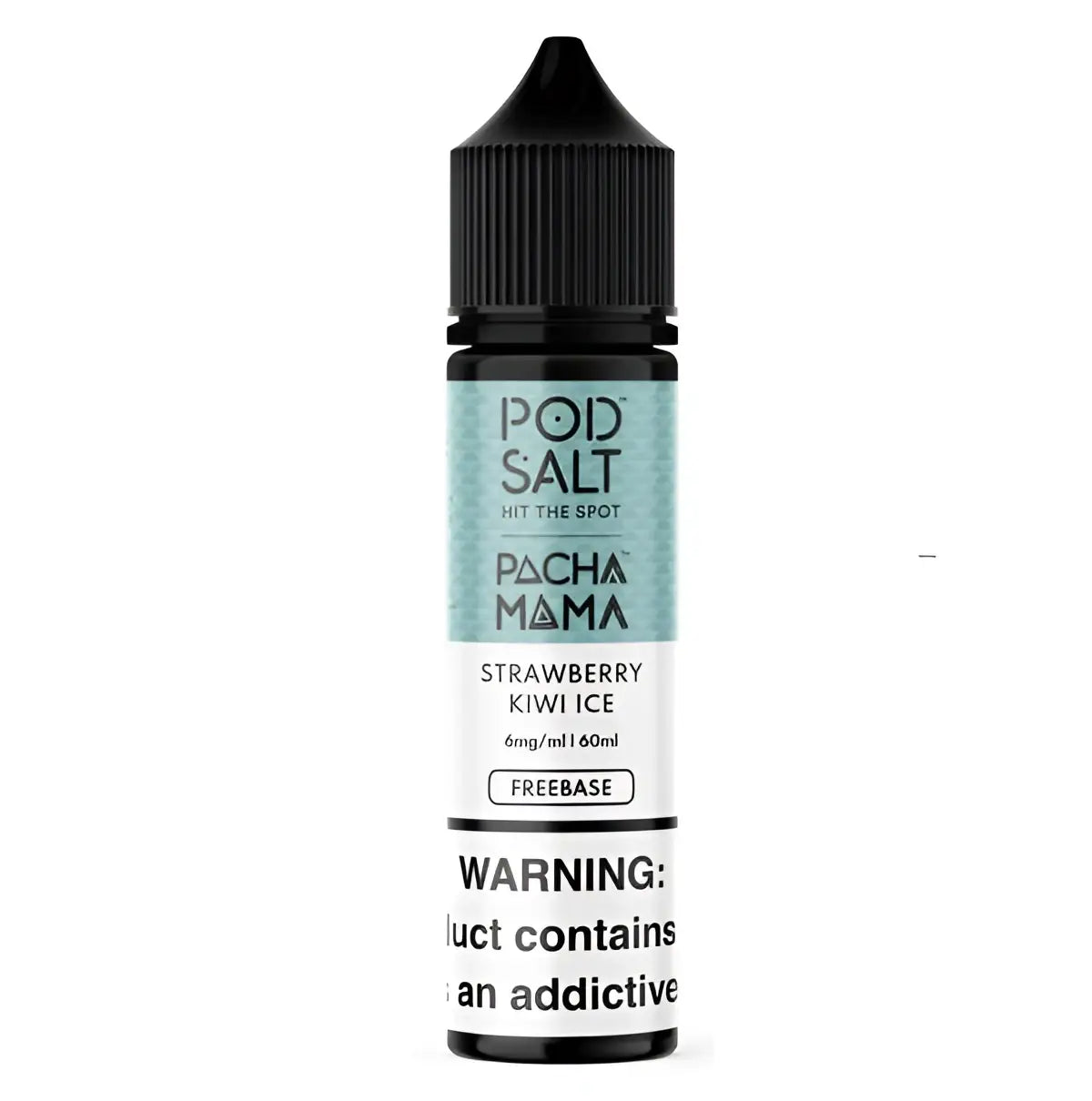 Black plastic vape juice bottle with teal white strawberry kiwi ice label pacha mama pod e-liquid for vape india use
