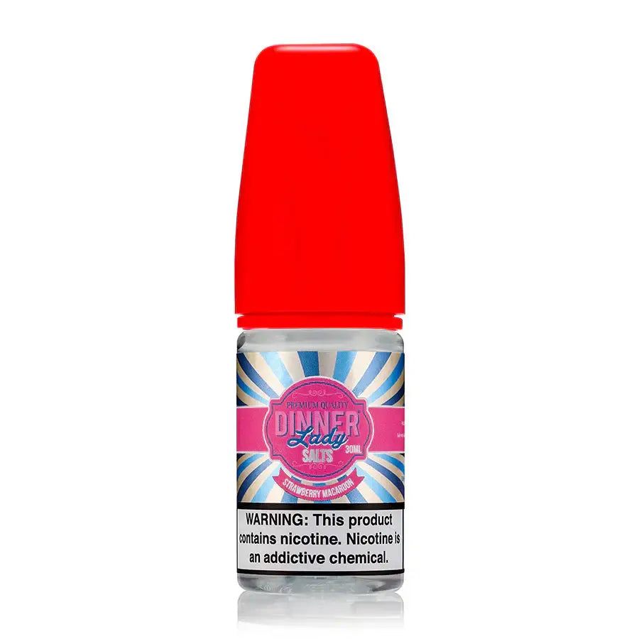 A vibrant red-capped 30ml vape dinner lady bottle of strawberry macaroon salts with a pink and blue sunburst label