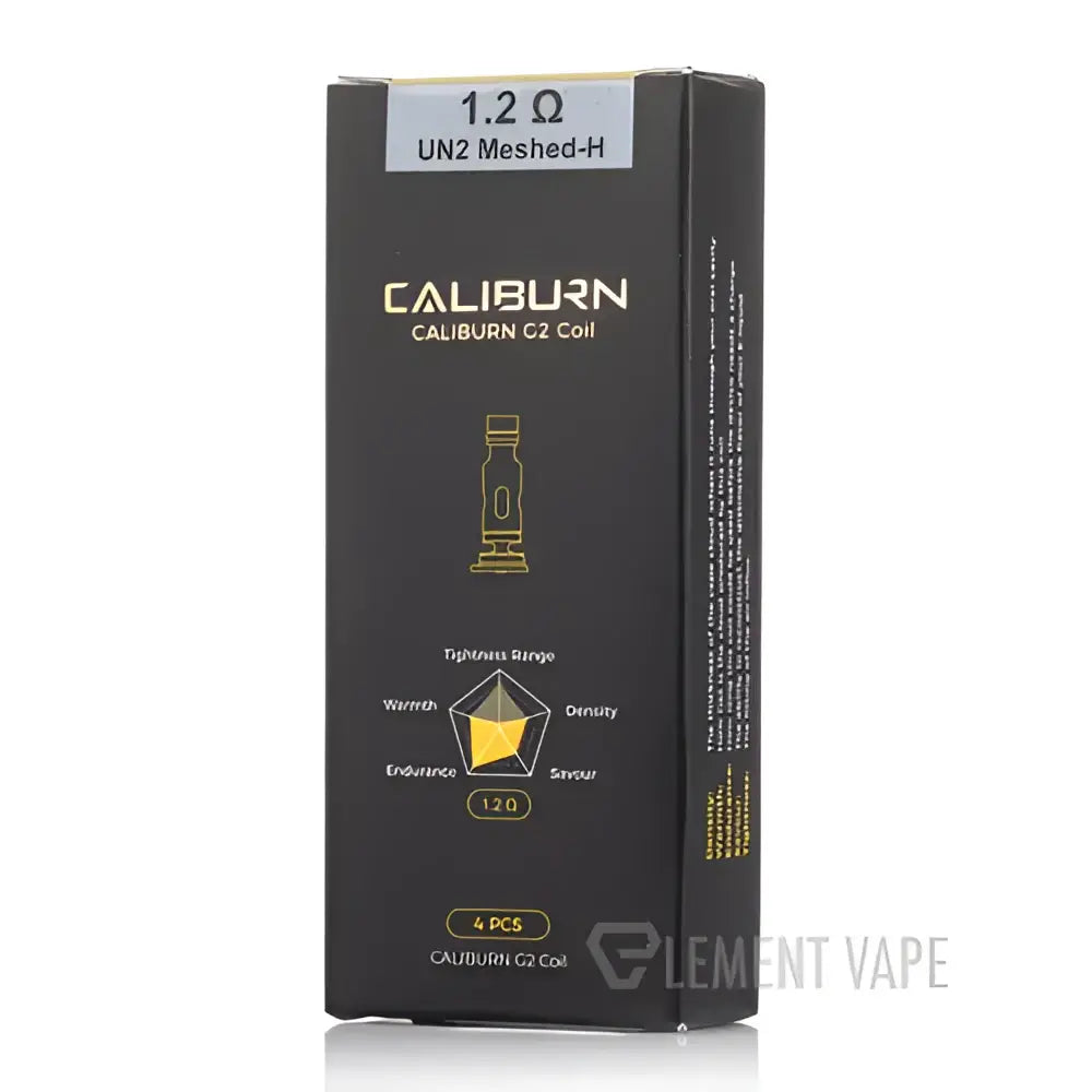 Black rectangular box with gold text for uwell caliburn gk2 replacement coils 1.2 ohm meshed vape india pack of 4