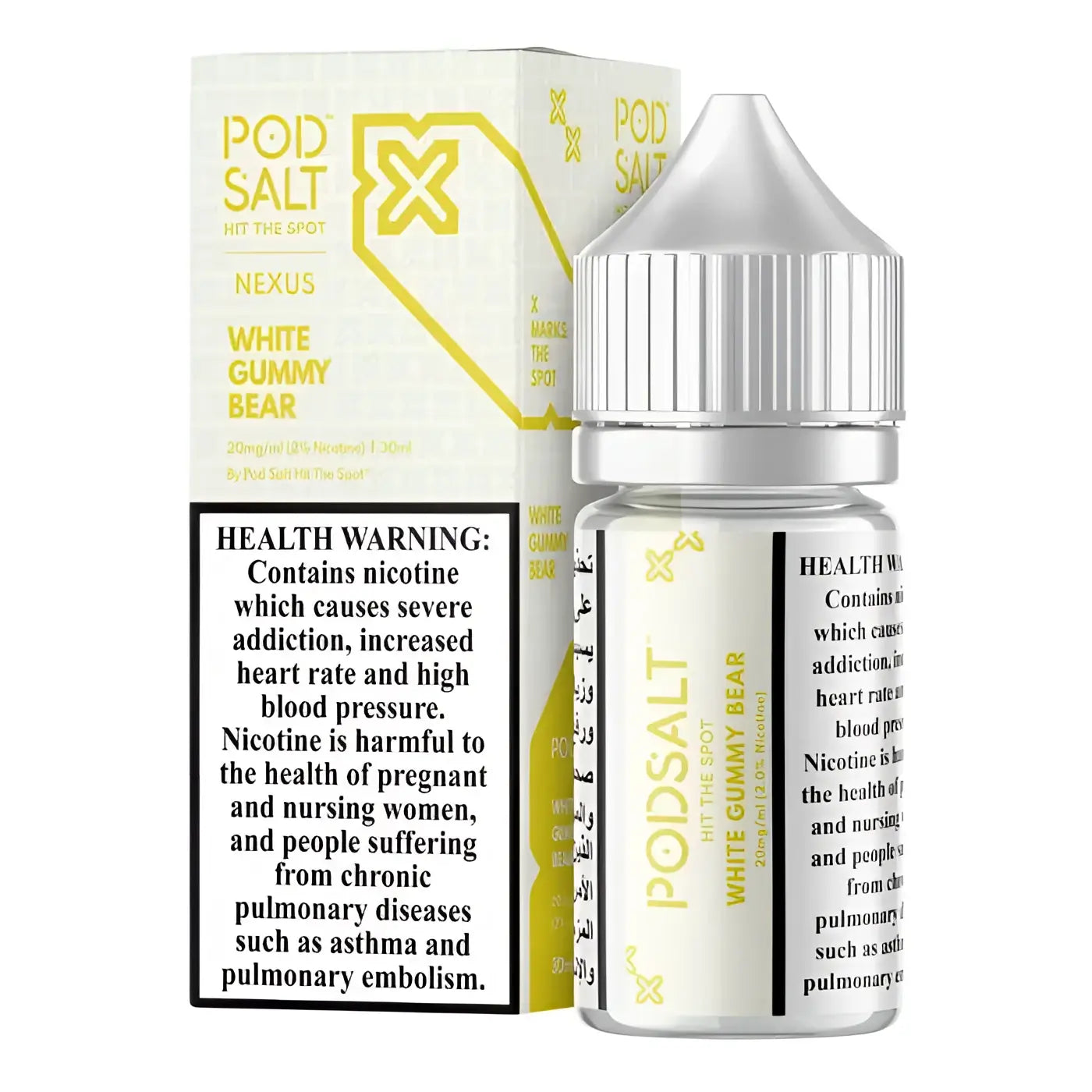 A sleek transparent glass bottle with silver cap contains white gummy bear e-liquid from pod salt nexus vape india