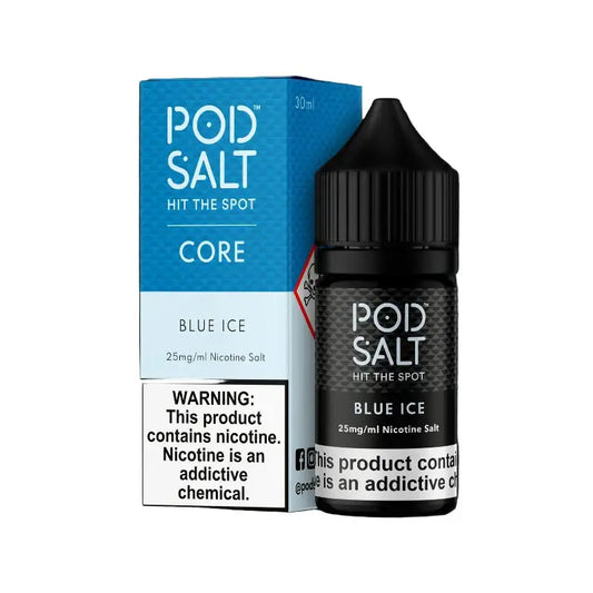 Black glass bottle of blue ice pod salt core e-liquid with textured cap beside its blue and white retail box for vape india use