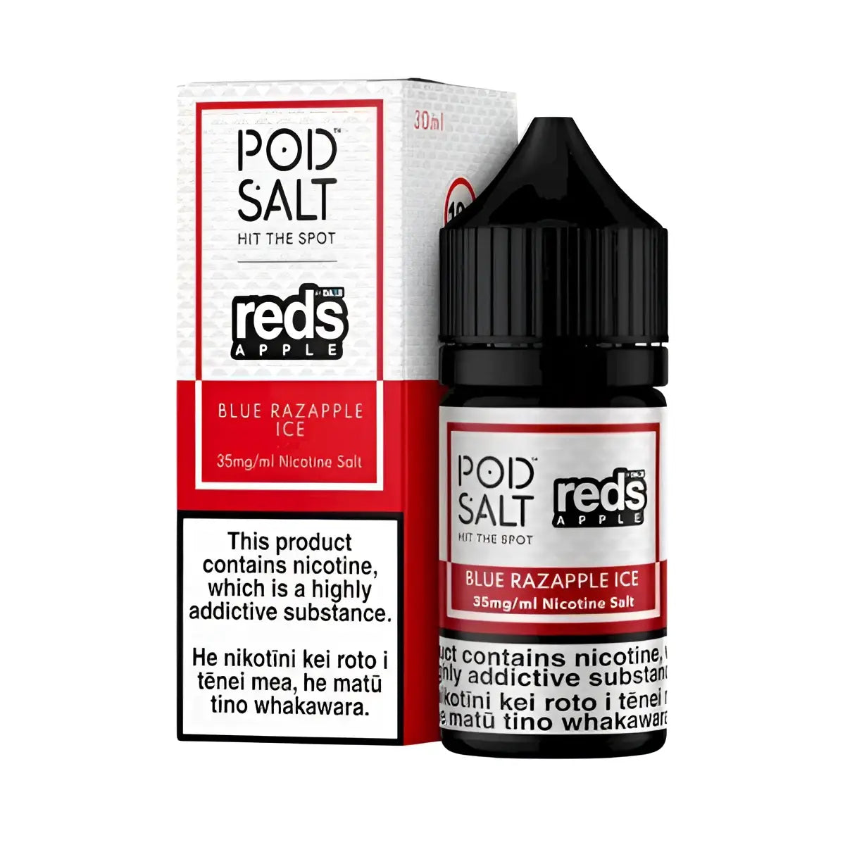 Black glass bottle with black cap labeled pod salt blue razapple ice next to red white box salt 30ml vape juice