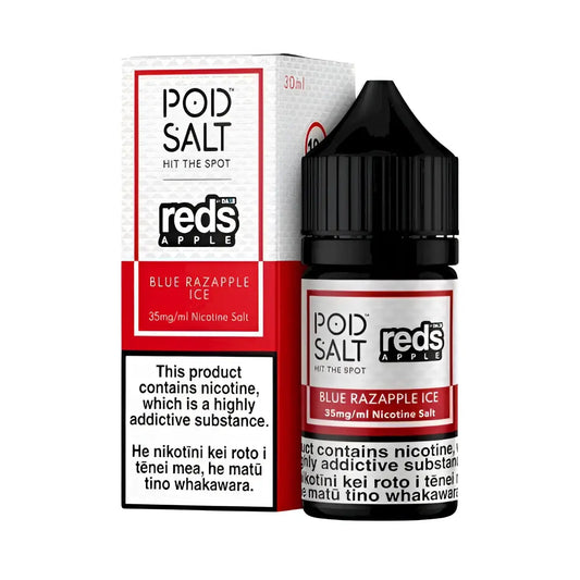 Black glass bottle with black cap labeled pod salt blue razapple ice next to red white box salt 30ml vape juice