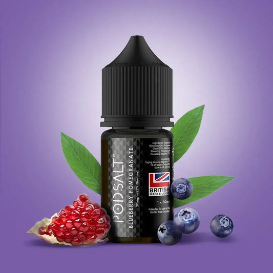 Black glass blueberry pomegranate pod vape juice bottle with ribbed cap and british flag for juicy blueberries and exotic pomegranate