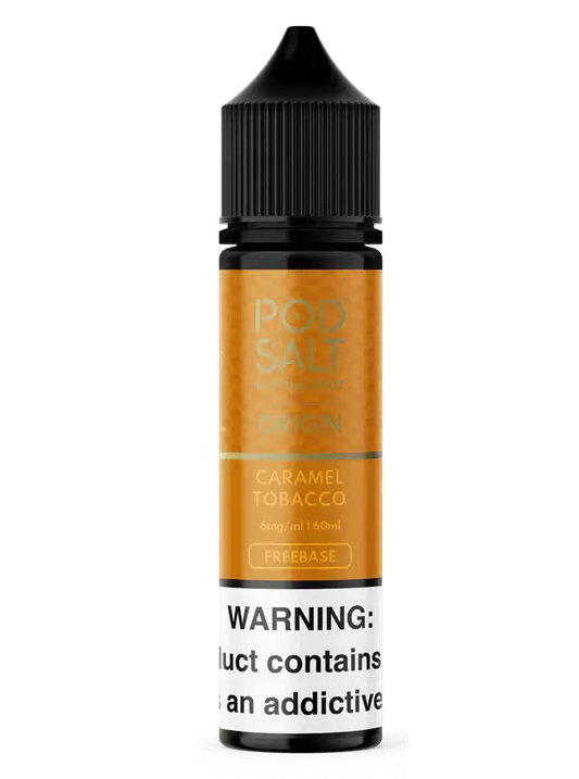 Caramel tobacco pod salt freebase e-liquid in a black bottle with orange label perfect for vape india users and elfbar fans
