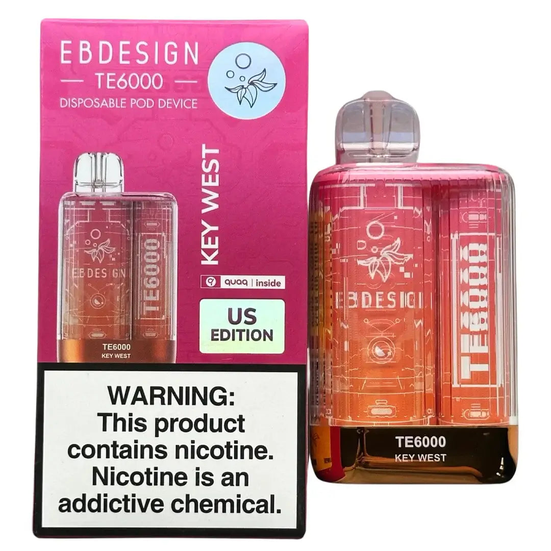 Pink and orange gradient transparent disposable pod device with white etching labeled ebcreate te6000 key west featuring mesh coil technology