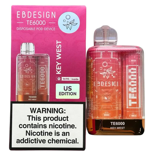 Pink and orange gradient transparent disposable pod device with white etching labeled ebcreate te6000 key west featuring mesh coil technology