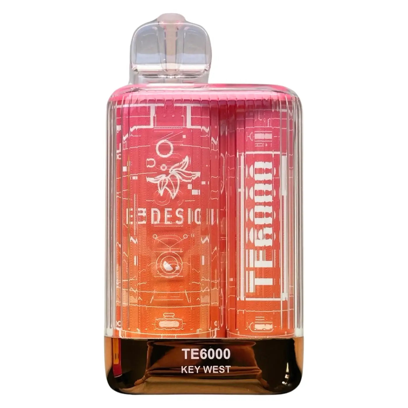Transparent pink and orange gradient ebcreate te6000 vape pen with white mesh coil graphics labeled te6000 key west base