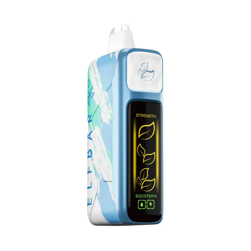 Blue and white elfdar booster iii disposable vape with digital leaf display showing strength for elf bar 9icotine puffs