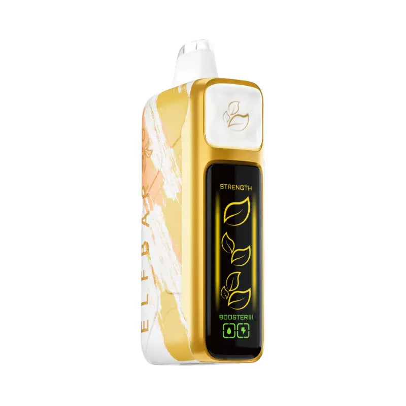 Gold and white elfa booster iii vaporizer with leaf graphics and dual airflow in elf bar nic king 30,000 puffs design