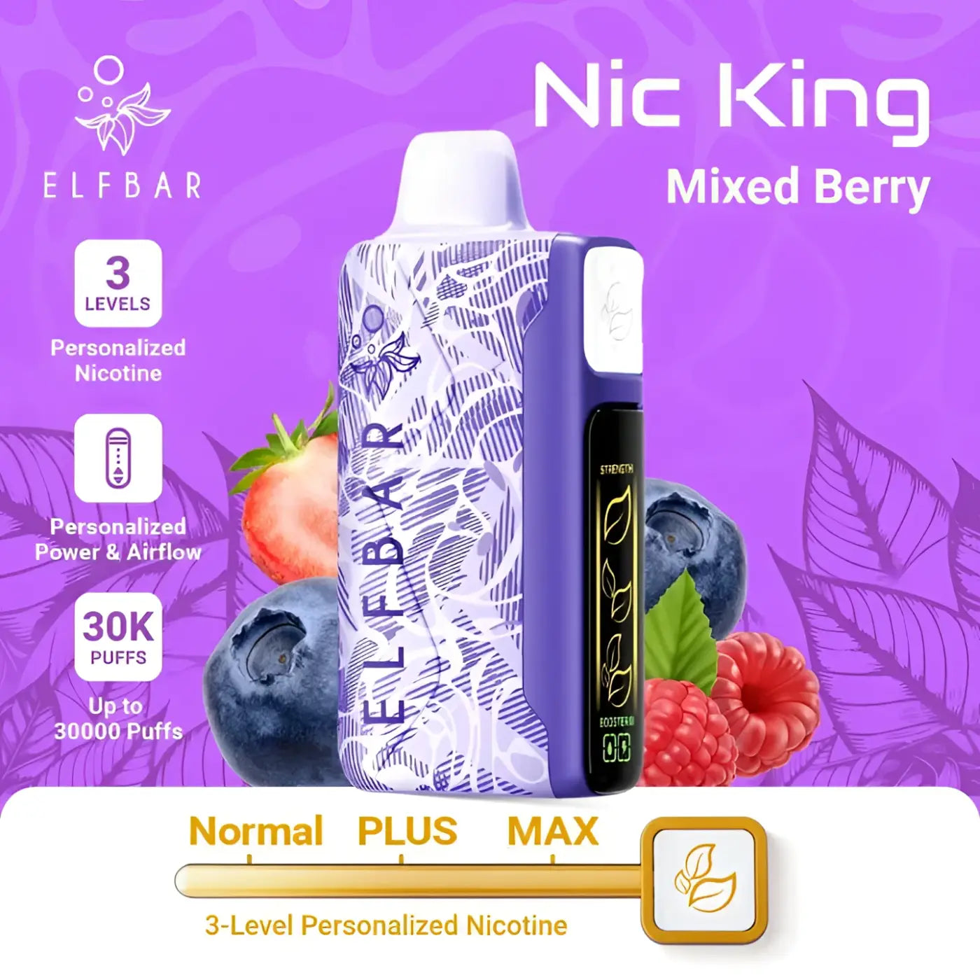 Purple and white patterned elf bar nic king mixed berry vape pen with sleek design and dual airflow for long use