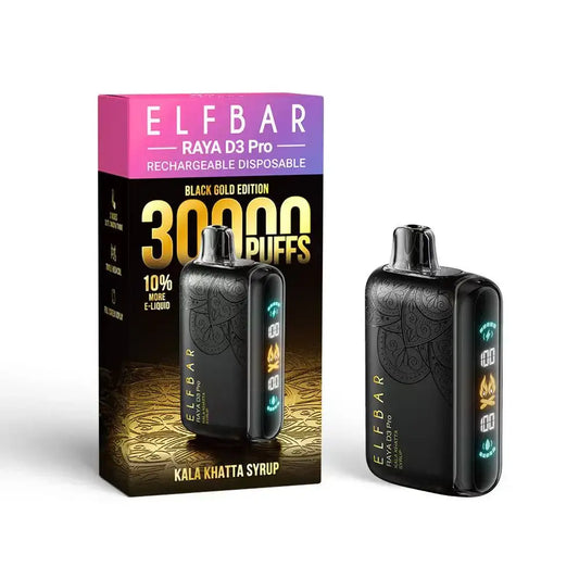 Black gold-edged elf bar raya d3 pro disposable vape with intricate engravings and glowing led indicators for vape india
