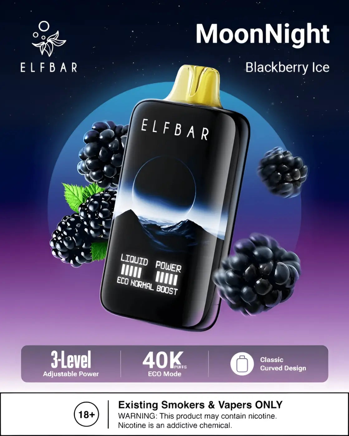 Black elfbar moonnight blackberry ice disposable vape pen with gold top and sleek fully curved screen 40,000 puffs