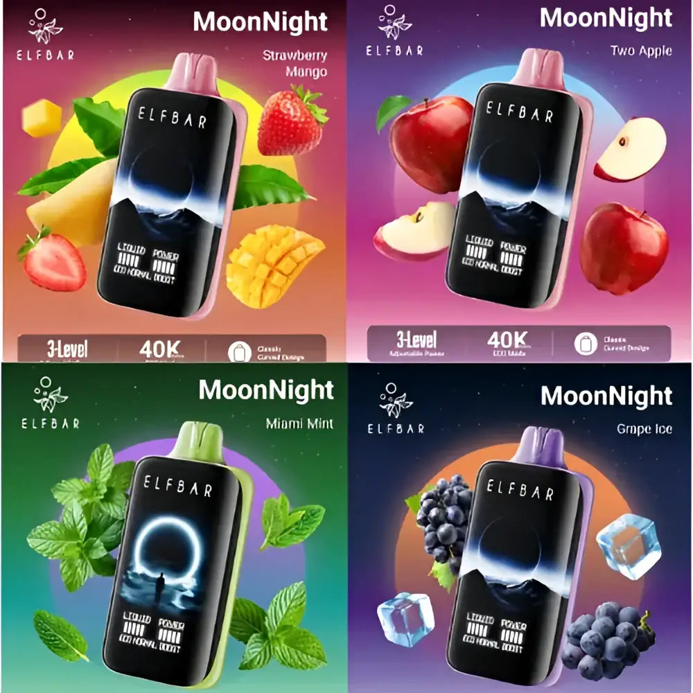Elfbar moonnight disposable vape pen in black with glowing white circle and pink accents for 40,000 puffs vape india