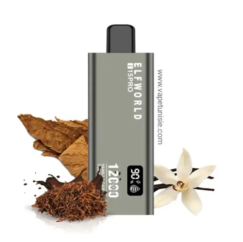 Gray metallic elfworld i15pro vape pen with black mouthpiece and digital display showing 90 percent battery life for 12000 puffs