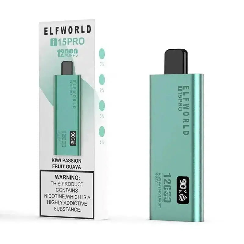 Sleek mint green elfworld i15 pro vape pen with black mouthpiece and digital display showing 90 percent battery