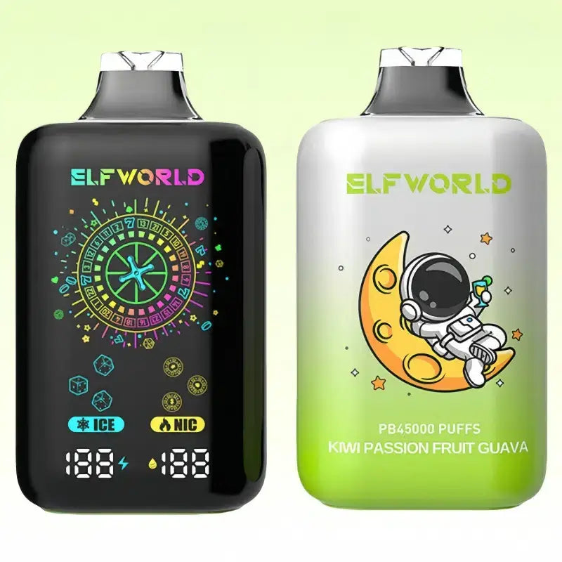 Black and white elfworld pb45000 vape pens with colorful cartoon designs e-liquid tank capacity and adjustable airflow
