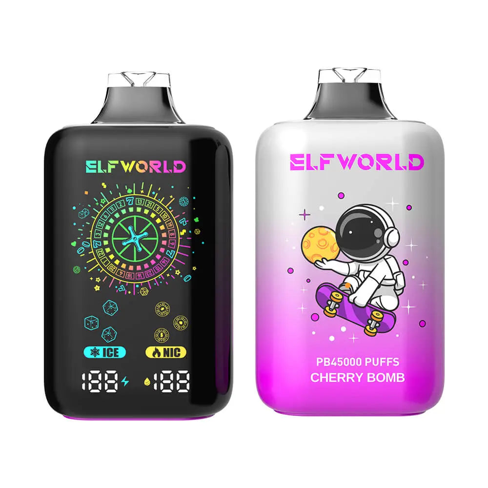 Two elfworld pb45000 vape pens in black with neon display and silver-purple with astronaut design feature e-liquid tank capacity and adjustable airflow