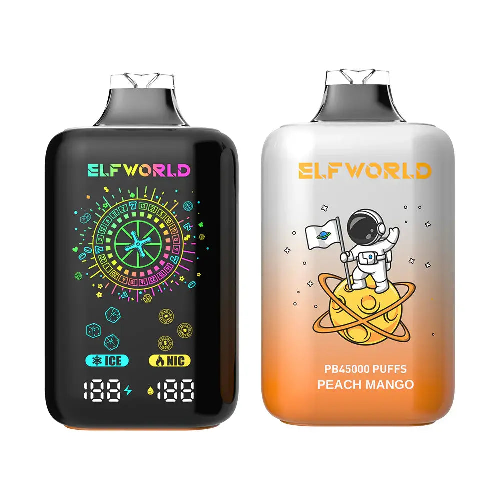 Two sleek elfworld pb45000 disposable vape pens with neon roulette and astronaut designs offering 45000 puffs and high e-liquid tank capacity