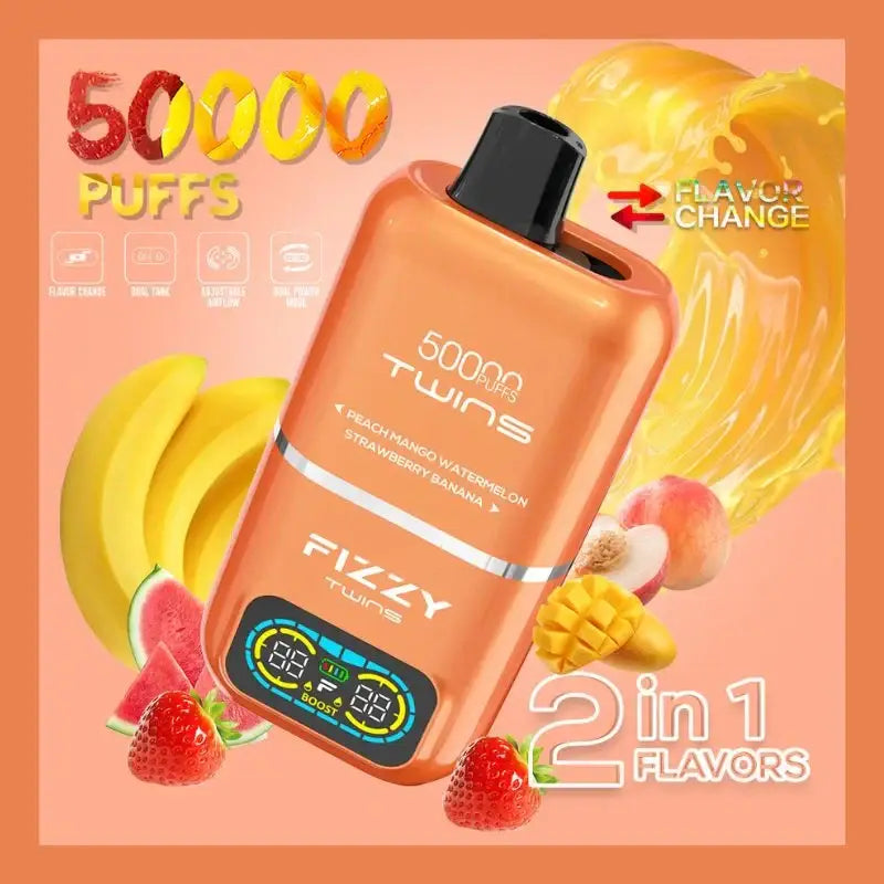 Orange fizzy twins 50k disposable vape with black cap and digital display featuring puffs dual flavor vape india style