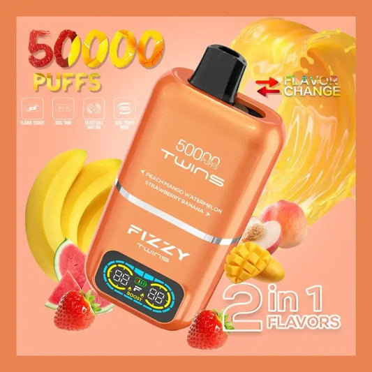 Orange fizzy twins 50k disposable vape with black cap and digital display featuring puffs dual flavor vape india style