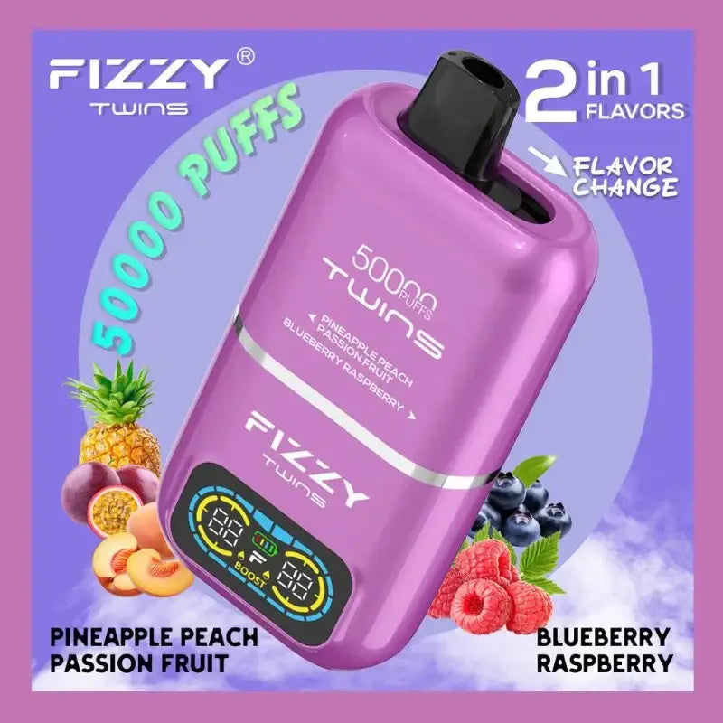 Purple fizzy twins 50k vape pen with black mouthpiece and digital display shows battery level and 50k puffs dual flavor