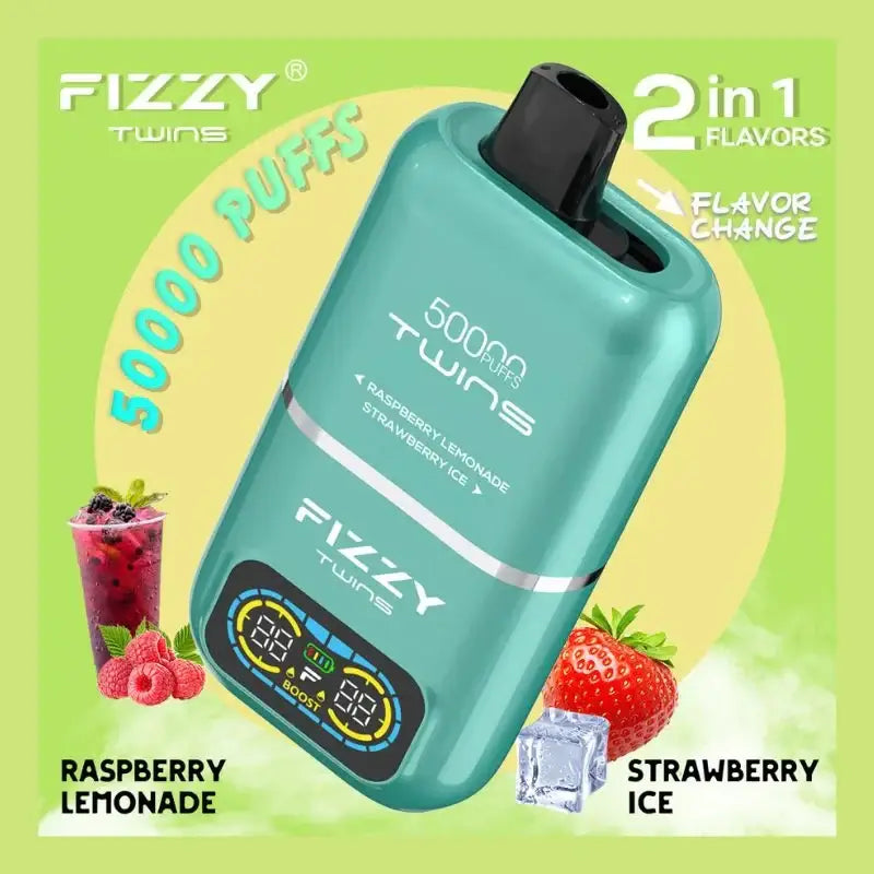 Teal fizzy twins 50k 2-in-1 disposable vape with black mouthpiece and digital display showing puffs dual flavor options