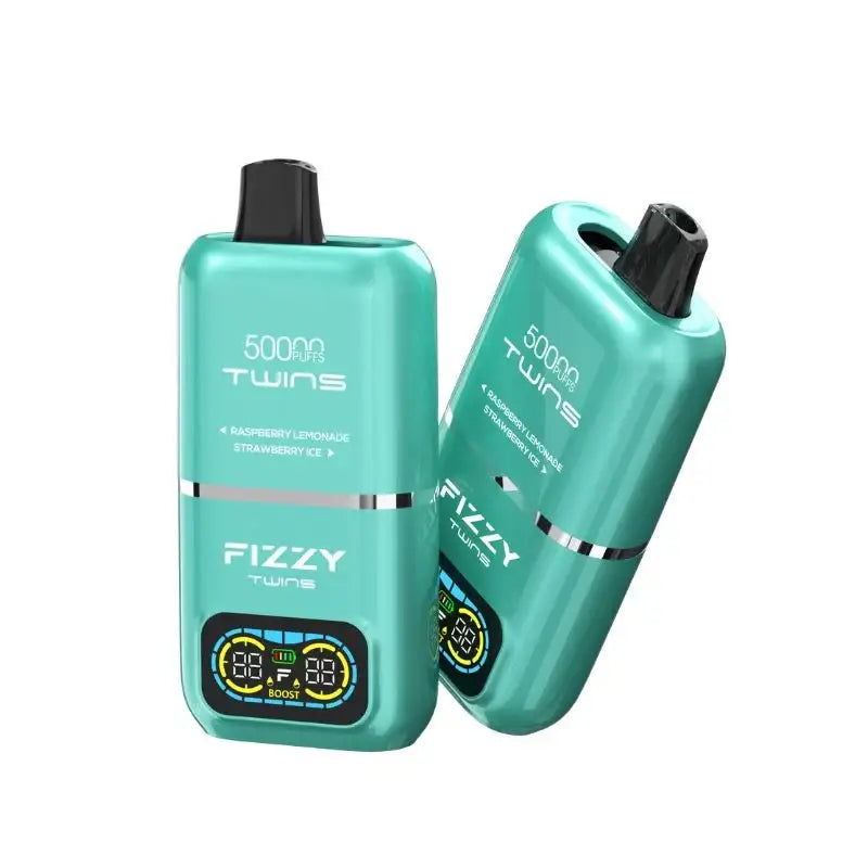 Teal fizzy twins 50k disposable vape device with black mouthpiece and digital display offering puffs dual flavor