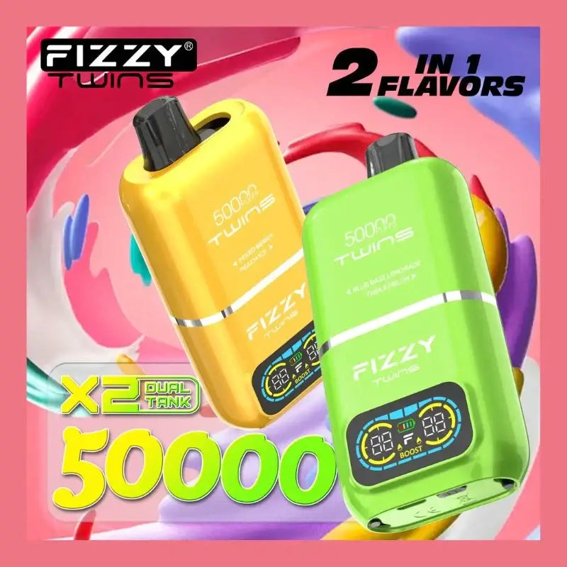 Vibrant yellow and lime green fizzy twins 50k disposable vape devices with dual flavor 50000 puffs for vape india users