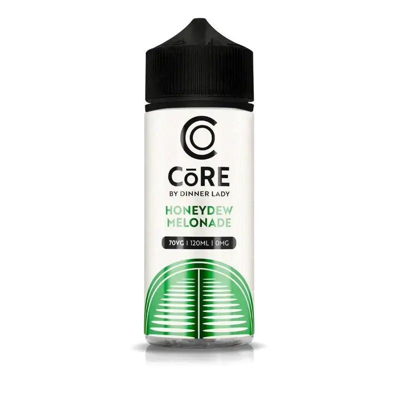 A sleek white 120ml vape bottle with black cap featuring core by dinner lady branding and juicy honeydew melonade design