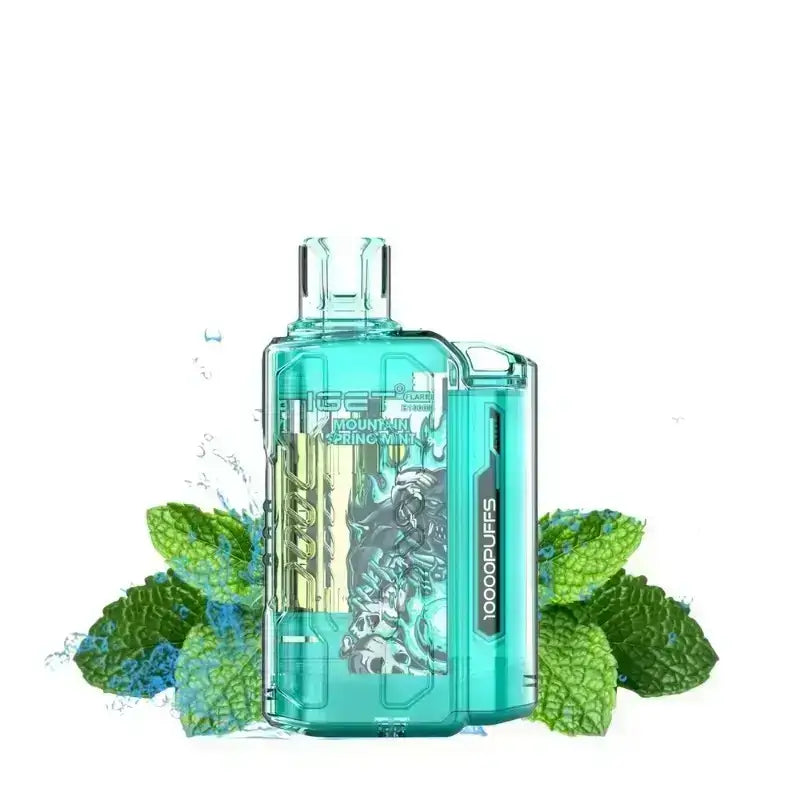 Teal transparent plastic iget flare sleek disposable vape with metallic skull design and smooth draw 1000 puffs branding