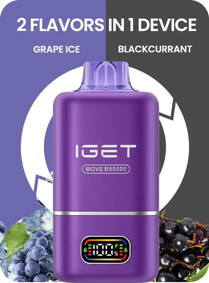 Purple iget move 50k disposable vape with sleek design and digital screen that allows users to check battery level