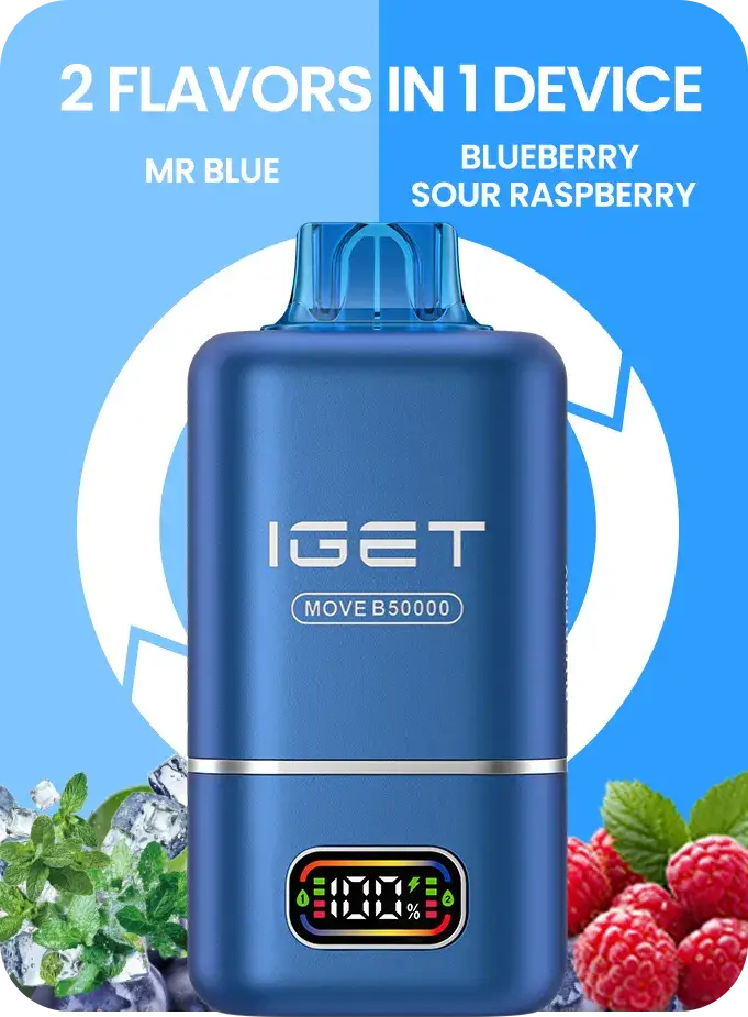 Blue iget move disposable vape with transparent blue top cap and digital screen showing 100 battery allows users 2 in 1 flavors