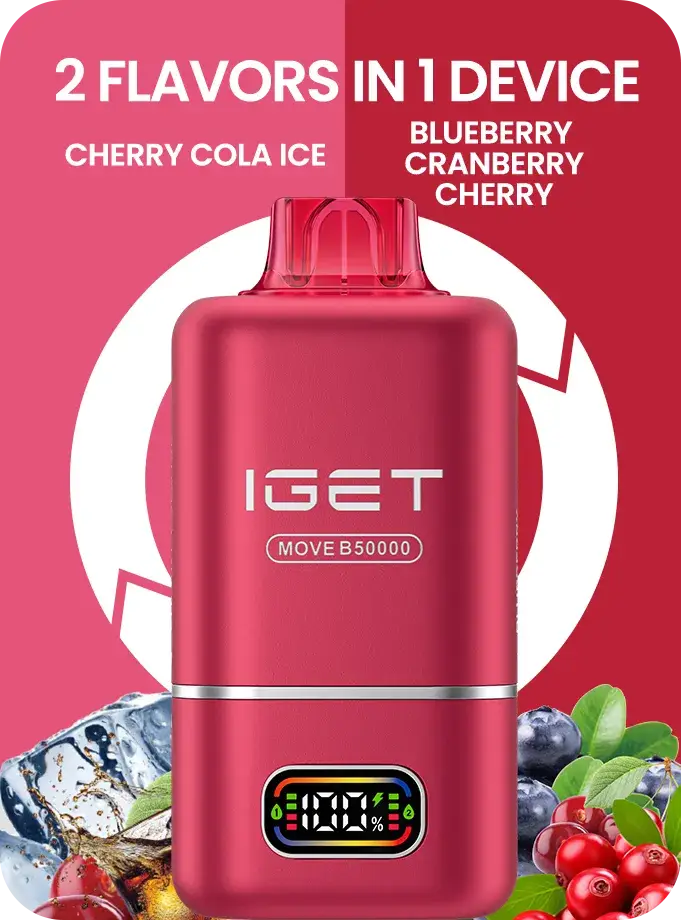 Red iget move 50000 disposable vape with a digital screen and transparent top cap allows users 2 in 1 flavors