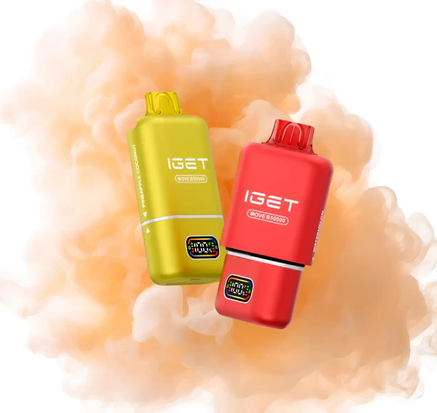 Two sleek yellow and red metallic iget move s5000 disposable vapes with matching caps and digital screen allow users 2 in 1 flavors