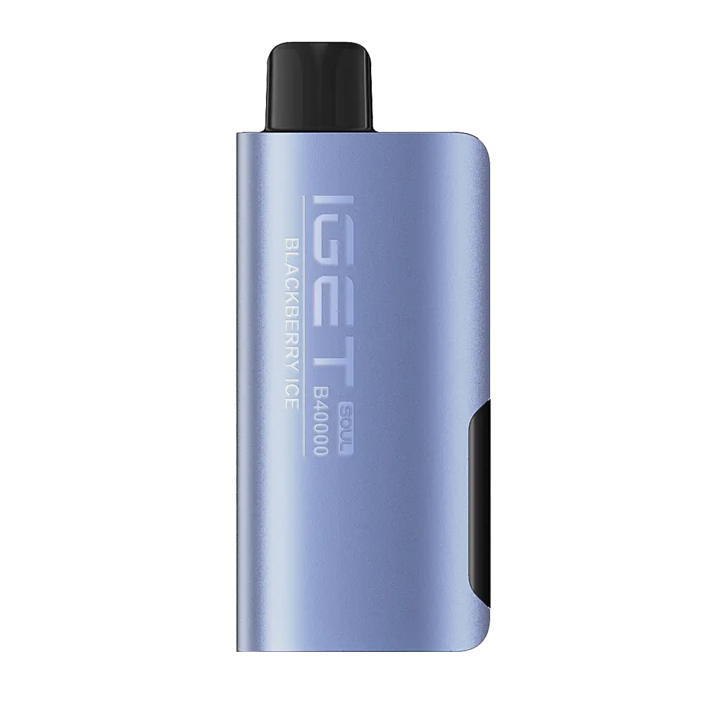 The iget soul b40000 matte light blue vape pen has a black mouthpiece and sleek engraved branding for smooth puffs