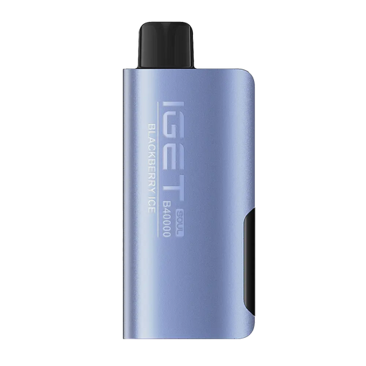 The iget soul b40000 matte light blue vape pen has a black mouthpiece and sleek engraved branding for smooth puffs
