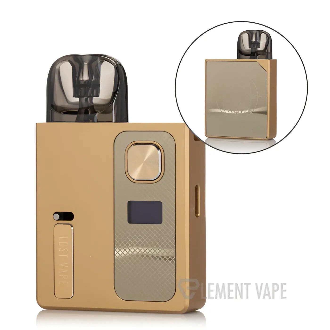 Gold-colored lost vape ursa baby pro pod system kit with matte finish and textured panel for smooth e-liquid puffs