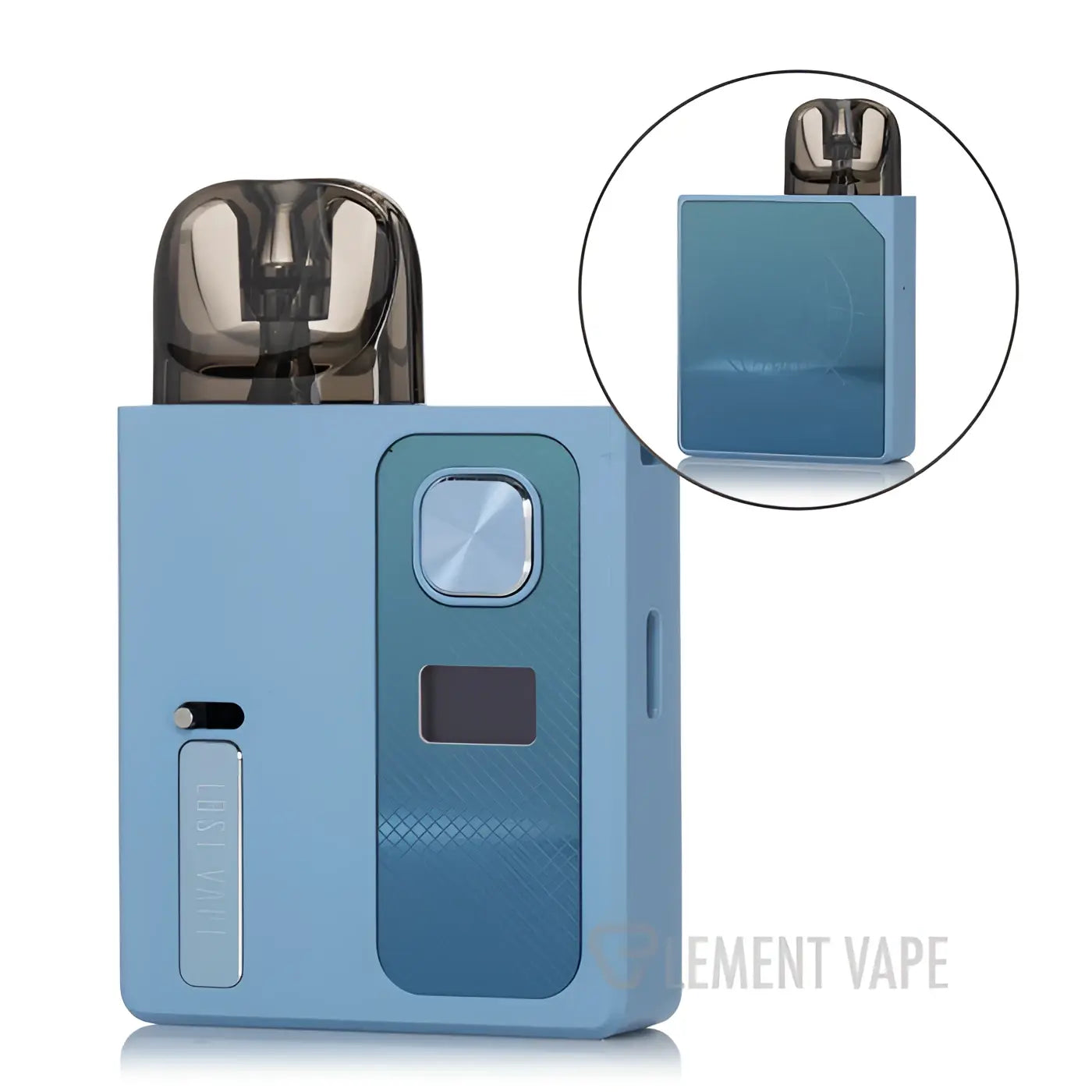 Light blue lost vape ursa baby pro pod vape device with dark gray mouthpiece and textured grip panels for e-liquid puffs