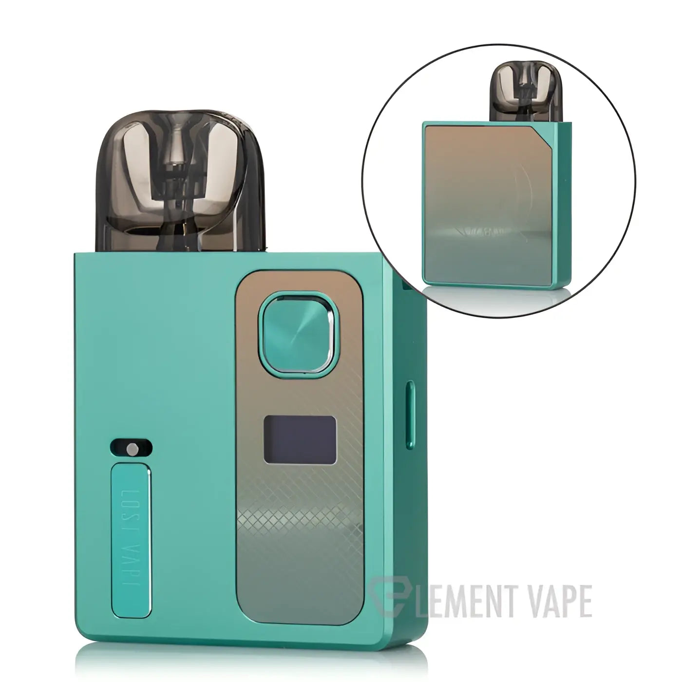 Teal and silver gradient lost vape ursa baby pro pod vape device with clear tank and 900mah battery displayed upright