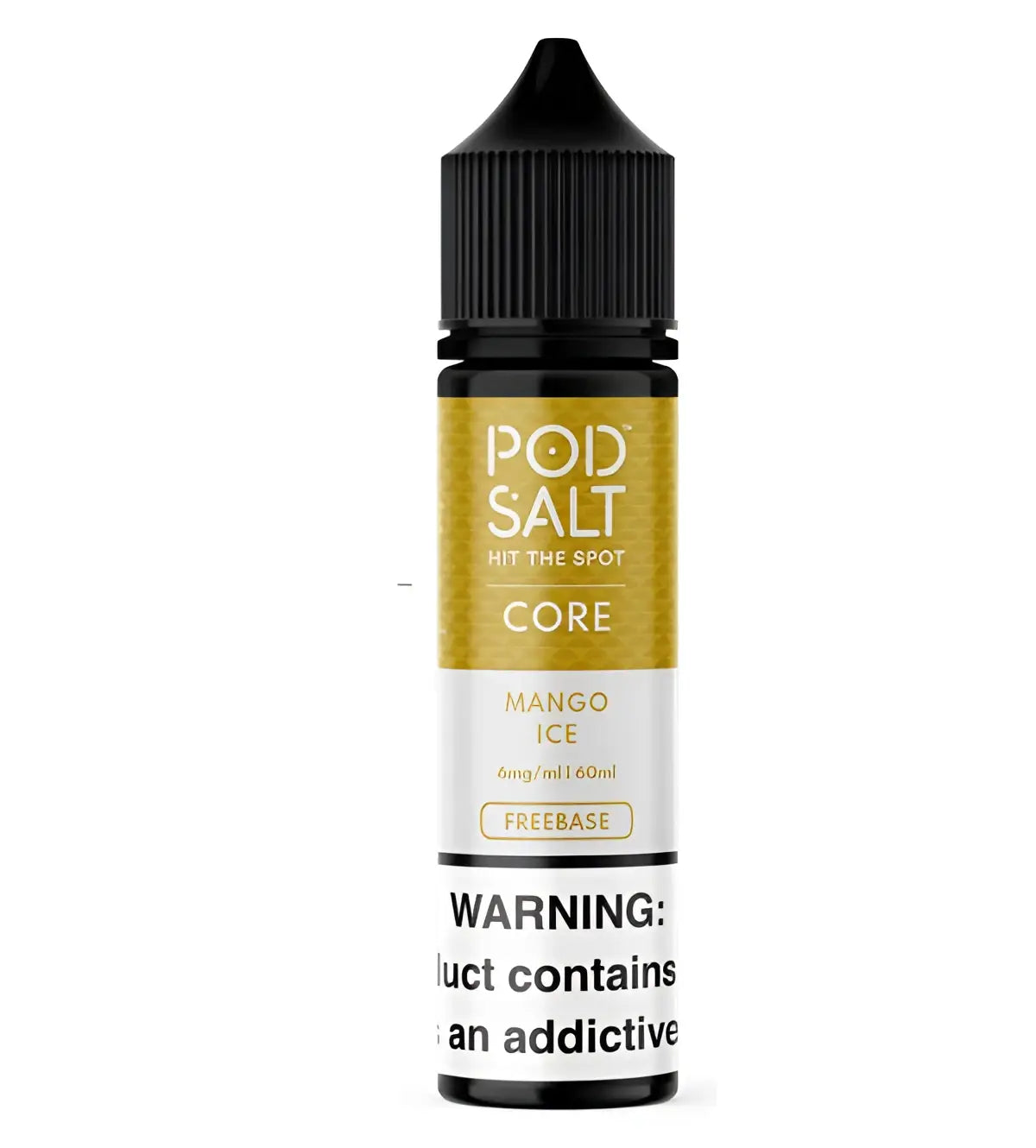 A sleek black bottle of mango ice core pod salt 60ml vape juice showing nicotine strengths 3mg and 6mg