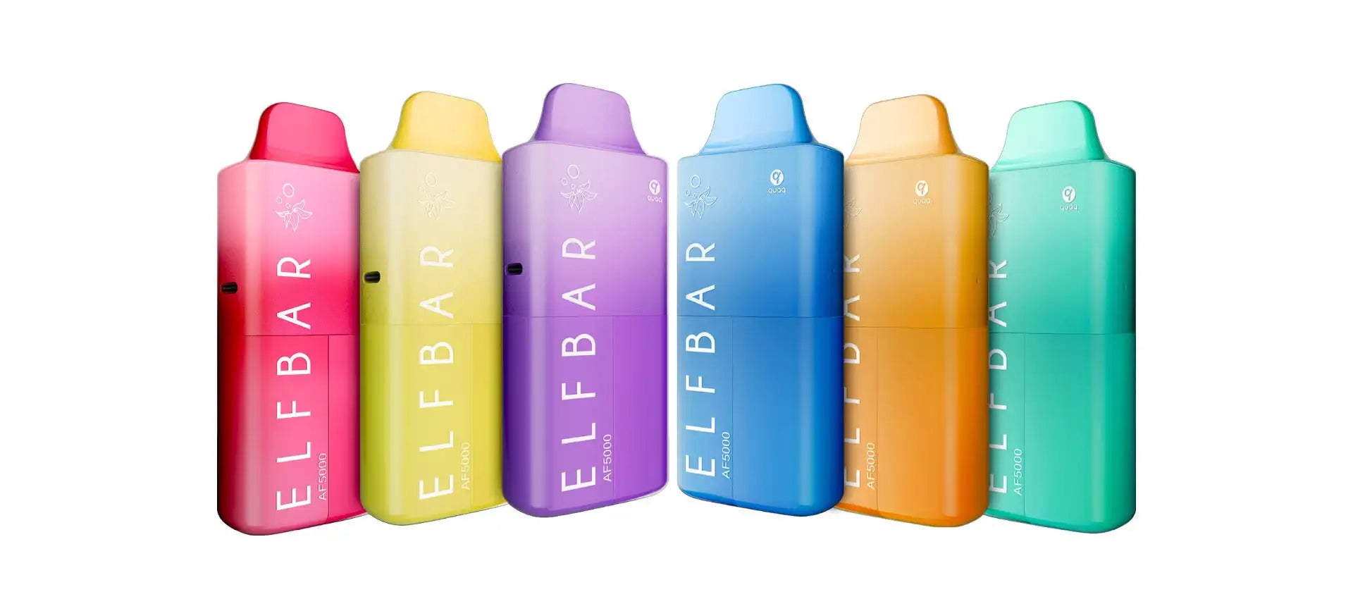 Six colorful elf bar vape pens, each with a gradient finish and sleek rectangular design.