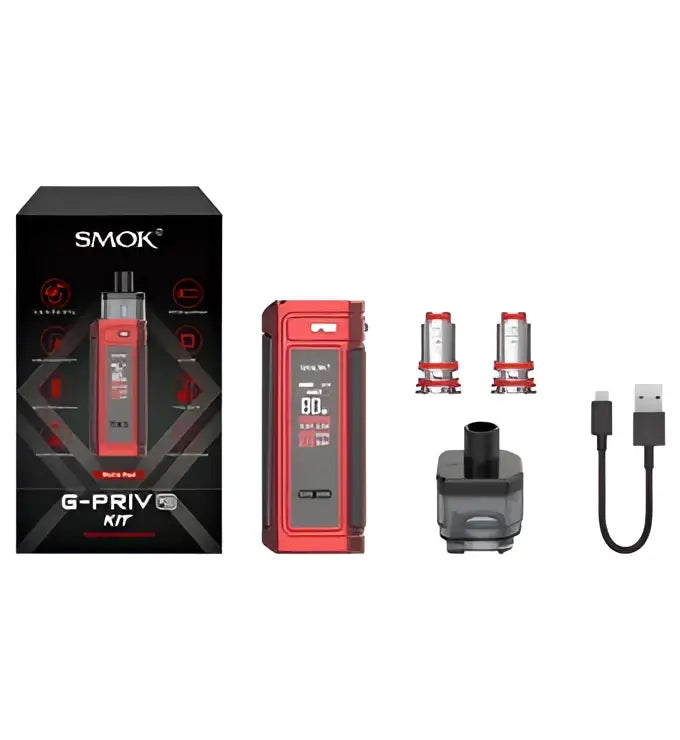 Red smok g-priv 3 vape kit with digital display metallic accents refillable pod and 2500mah battery for long use