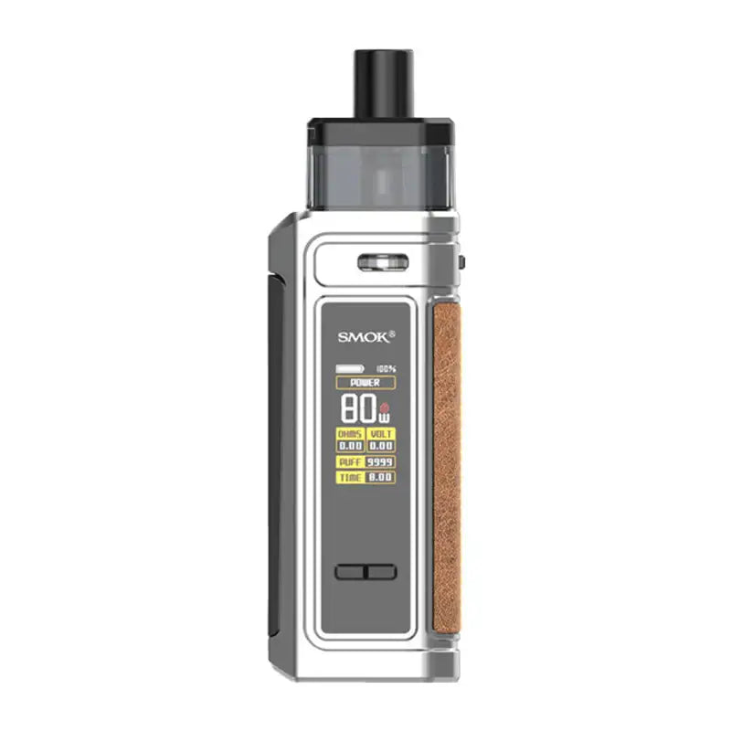 Silver and brown textured smok g-priv vape mod with digital power display and 2500mah battery refillable pod system