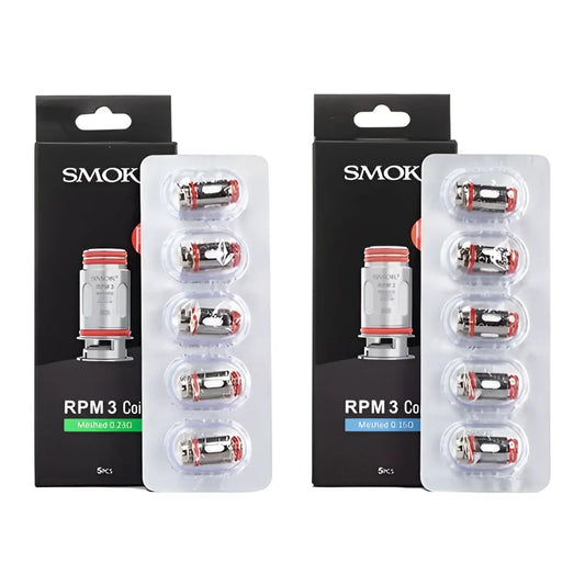 Two packs of smok rpm replacement coils with metallic mesh bodies and red accents for vaping use